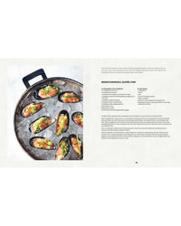 On the left, a metal tray of Simon & Schuster Mussels is marinated and served on ice. On the right, a recipe page highlights Marinated Raw Mussels with preparation steps and ingredients.