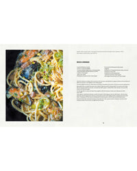 On the left, close-up of spaghetti with Mussels by Simon & Schuster, shrimp, herbs, and creamy sauce; on the right, a Mussels Carbonara recipe with ingredients and instructions in black text on white background.