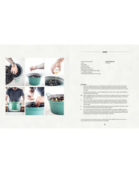 On the left, a step-by-step photo collage shows cooking Mussels by Simon & Schuster in a green pot; on the right is a classic recipe with ingredients and instructions in black text, inspired by cookbook author Sergio Herman.