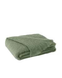 The Lands Downunder Brushed Mohair Throw in Olive, featuring a soft, fuzzy texture, is woven in New Zealand and shown neatly folded on a plain white background.