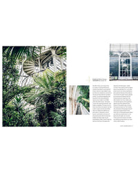 Interior views from Wild Interiors by Simon & Schuster showcase lush tropical plants, metal staircases, and large glass windows, with accompanying text columns on the right.