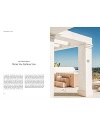 Outdoor Chic by Cozy Publishing showcases a modern white terrace with clean lines, columns, and patio wooden spa pool, offering city views under a blue sky—perfect inspiration for stylish outdoor living.