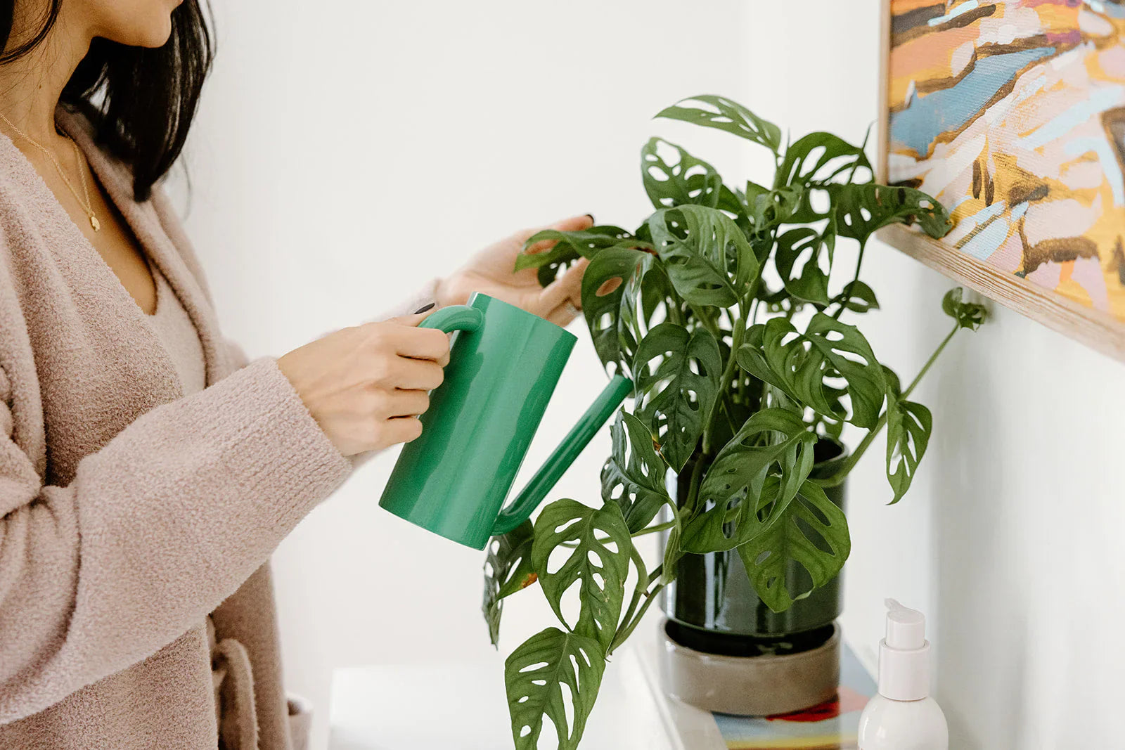 A person in a robe waters a potted Monstera plant with a green watering can near a painting on the wall.