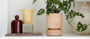 A potted plant next to a ribbed candle, a green soap bar, a brown jar, and a white lamp on a white shelf.