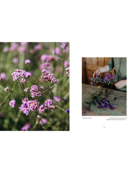 On the left, small purple flowers cluster outdoors; on the right, someone arranges local cut flowers into bouquets indoors. From "Where Flowers Bloom" by Cozy Publishing.