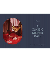 Two cocktails—one with cherries, the other with olives—rest beside a gold shaker on red. Text reads: Kindred Spirits by Chronicle Books—perfect cocktail recipe inspiration for couples—against a blue striped background.