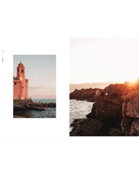 On the left, a pink seaside church glows at sunset; on the right, two people sit atop rocky Italian cliffs—a scene from "Travel Guide: Somewhere in Italy" by Cozy Publishing.