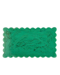 The Casa Amarosa 14in Scallop Resin Rectangular Cheese Board in Green features wavy edges and a marbled surface, bringing artisanal charm to any serveware collection.