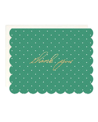 The Amy Heitman Thank You Diamond Dot Single Card is green with scalloped edges, white polka dots, gold foil thank you text, and comes with an off-white envelope. The card's interior is blank.