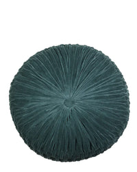 Casa Amarosa’s Velvet Round Pillow in Evergreen boasts a handcrafted pleated design with a central button, making this dark green velvet cushion an eye-catching decorative accent for any space.