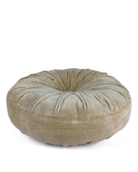 The Casa Amarosa Mini Velvet Round Pillow in Biscotti features soft, velvety fabric with decorative pleats and a tufted, gathered design that radiates from the center.