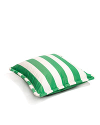 The Euro Throw Pillow - Crew Canyon Green Stripe by Business & Pleasure Co features green and white horizontal stripes, a piped edge, and spill-resistant fabric, shown on a white background.