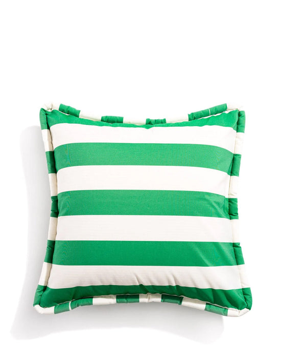 The Euro Throw Pillow - Crew Canyon Green Stripe by Business & Pleasure Co features bold green horizontal bands and a ruffled edge on a white background, making it an ideal outdoor accent for stylish spaces.