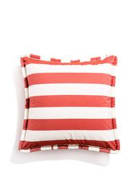 The Euro Throw Pillow - Crew Le Sirenuse Stripe by Business & Pleasure Co features bold red and white stripes with matching ruffled edges, crafted from spill- and stain-resistant fabric for indoor or outdoor use.