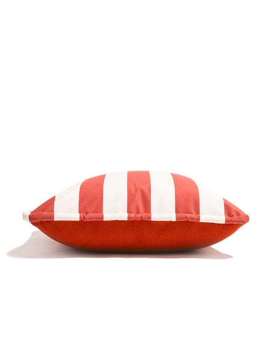 The Euro Throw Pillow - Crew Le Sirenuse Stripe by Business & Pleasure Co is a red and white striped rectangular pillow, shown lying flat against a white background—ideal for indoor or outdoor use.