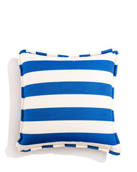 The Euro Throw Pillow - Crew Mediterranean Blue Stripe by Business & Pleasure Co features bold Mediterranean blue stripes with matching striped piping on white, offering a stylish and spill-resistant option for outdoor décor.