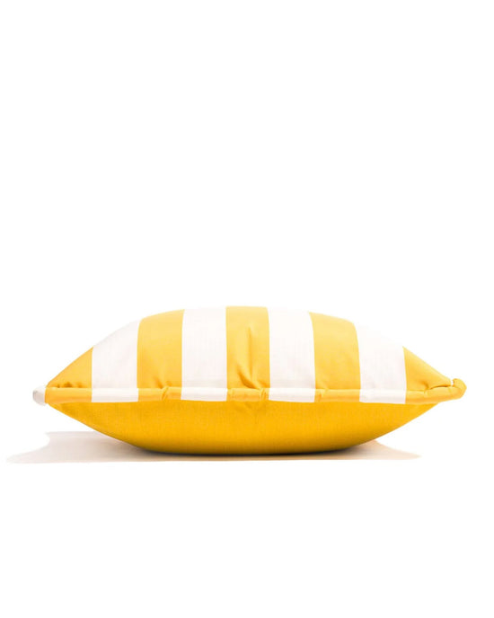 The Euro Throw Pillow - Crew Mimosa Yellow Stripe by Business & Pleasure Co features bold yellow and white stripes, is made from spill and stain resistant fabric for outdoor use, and lies flat on a white background.