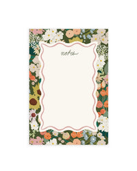 The Flower Market Note Pad by Amy Heitman has a cream "notes" center in cursive, a pink wavy border, and colorful florals with green leaves on the edges. Includes tear-off sheets for easy everyday use.