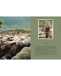 A traveler enjoys a green hillside in Italy, watching sheep graze with mountains and a village in view. An inset photo offers a closer look. Discover scenic routes in "Travel Guide: Somewhere in Italy" from Cozy Publishing.