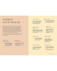 Two pages from Chronicle Books' "Snacking Dinners" show themed snack ideas like Old-School Steakhouse Bar and Middle East in California for self-care meals, plus more creative snack themes and descriptions.