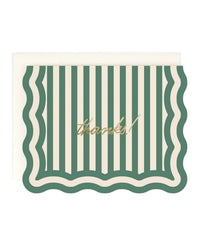 The Thanks! Striped | Single Card from Amy Heitman features vertical green and cream stripes, wavy green borders, and "thanks!" in gold script on the front. Comes with an envelope and a blank interior for your own message.