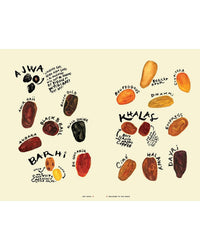 Hot Date! by Chronicle Books showcases illustrated date varieties such as Ajwa, Black Gold, Khalas, and Deglet Nour in vibrant colors—ideal for sparking creative Middle Eastern recipes or superfood cookbook inspiration.