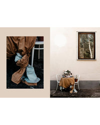Left: Close-up of tan and blue fabric tied near a chair leg. Right: Small table with tan cloth, white chairs, potted flowers, and a window—an inviting spot to enjoy recipes from Wonderful Morning by Cozy Publishing.