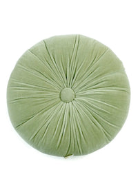 The Casa Amarosa Mini Velvet Round Pillow in Pistachio showcases decorative pleats and a central button, its elegant folds highlighted against a white background.