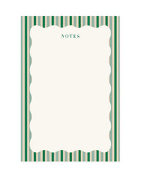 The Amy Heitman Stripes and Scallops Note Pad features a cream center, green and beige vertical stripes, "NOTES" in green at the top, and a wavy scalloped border around tear-off sheets for easy note-taking.