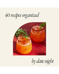 Two orange cocktails with ice and leafy garnishes rest on a red surface. Text reads: Kindred Spirits by Chronicle Books—40 date night cocktails, perfect for any couple’s drinks book to mix things up together.