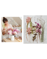 A woman arranges Flora Nouveaux dried flowers from Chronicle Books in a white vase on the kitchen counter. Nearby, labeled rice flower, pink limonium, and pampas grass arrangements are displayed on a white surface.