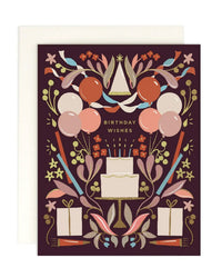 Amy Heitman’s "Birthday Celebration | Single Card" features a white cake, balloons, gifts, party hats, and colorful flowers on a dark background. "Birthday Wishes" in gold and gold foil accents highlight this card with a blank interior for your message.