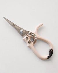 Jungle Club’s Pruning Shears in Vanilla are stainless steel garden snips with light beige handles and a spring mechanism, shown on a white background.