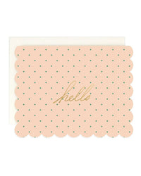 The Amy Heitman "Hello Diamond Dot" card features a peach design with scalloped edges, green polka dots, gold foil "hello," a blank interior, and comes with a white envelope.