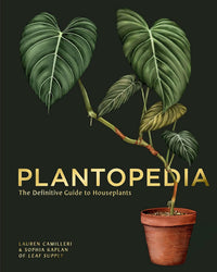 Book cover for Plantopedia by Random House features a potted houseplant with large, heart-shaped green leaves on a dark background—ideal for indoor gardening enthusiasts. Authors' names appear at the bottom.