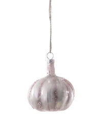 The Cody Foster Garlic - Purple Ornament is a hand-crafted Christmas tree decoration shaped like a garlic bulb with a silver top, hanging from a brown string against a white background.