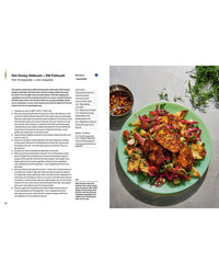 A recipe page from The Salad Project by Random House appears beside a photo of grilled halloumi, veggies, greens, and pickled onions on a green plate with dressings—showcasing fresh ideas to inspire any cookbook collection.