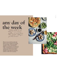 A beige text block reads “any day of the week” alongside photos of rice bowls and Scandinavian vegetables, highlighting Cozy Publishing’s Veggies, Every Day of the Week—a clean, modern source of healthy meal inspiration.