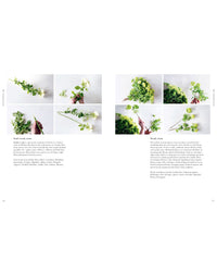 A photo grid displays hands holding leafy herbs and white flowers with green leaves on a white background—ideal for floral design inspiration or learning with The Flower School by Chronicle Books, with plant names labeled below each image.