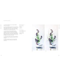 Discover The Flower School by Chronicle Books, featuring minimalist floral arrangements with two images of a tall, delicate purple and green bouquet in a CALIFORNIA vase on a light stand—ideal inspiration for aspiring florists.