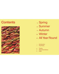 The table of contents for "Very Good Salads" by Random House appears on a yellow background, listing Spring, Summer, Autumn, Winter, and All Year Round next to roasted red peppers—ideal for Mediterranean and Middle Eastern dish ideas.