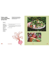 A cookbook spread from "Very Good Salads" by Random House showcases a fresh Mediterranean salad with celery, radish, mint, broad beans, and spring onion. Three photos on the right highlight its vibrant ingredients—ideal for Middle Eastern cuisine fans.