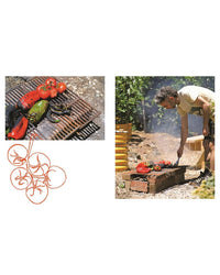 A man grills tomatoes and peppers over an outdoor brick grill, their char perfect for Mediterranean dishes. Inspired by "Very Good Salads" from Random House, a tomato vine illustration decorates the bottom left corner.