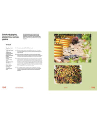 The Very Good Salads cookbook by Random House shows a fall recipe with smoked grapes, pistachios, sumac, and grains. Three photos beside it feature drying grapes, honeycombs, and a Mediterranean-style grain salad. Pages 108–109: Autumn.