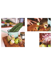 Three photos: a turquoise pot with greens and figs, hands slicing a fig, and diced red onion—fresh inspiration from "Very Good Salads" by Random House for Mediterranean salads or your next falafel cookbook.