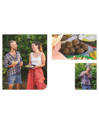 Three photos—a smiling couple with plates of food outdoors, falafel and sauces on a table, and a man holding food among plants—offer fresh inspiration for any Middle Eastern recipes collection or "Very Good Salads" by Random House.