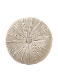 The Casa Amarosa Mini Velvet Round Pillow in Biscotti, with decorative pleats and a central button, is shown from above against a white background.