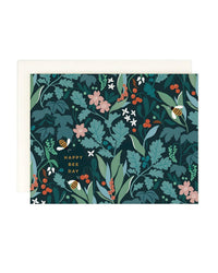 The Bee-day | Single Card by Amy Heitman features illustrated bees, greenery, berries, and flowers on a dark background with "Happy Bee Day" in yellow. Includes a coordinating envelope and has a blank interior for your message.