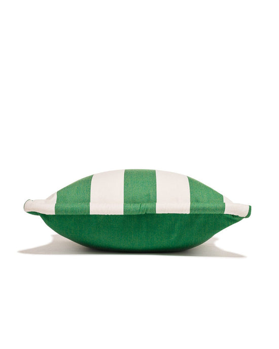 The Small Square Throw Pillow - Crew Canyon Green Stripe by Business & Pleasure Co is shown lying flat on a white background; its green and white stripes and spill- & stain-resistant fabric make it ideal for outdoor use.