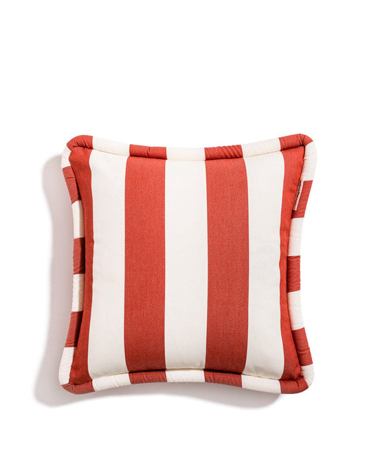 The Small Square Throw Pillow - Crew Le Sirenuse Stripe by Business & Pleasure Co features bold red and white vertical stripes with a matching border, crafted from durable Pleasuretex fabric for both indoor and outdoor use.